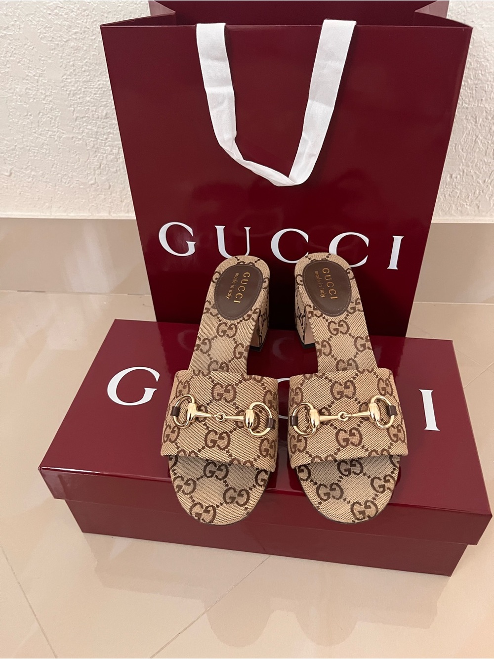 Gucci Tan GG Canvas Horsebit Slide Sandals with Gold Hardware - Picture 7 of 9